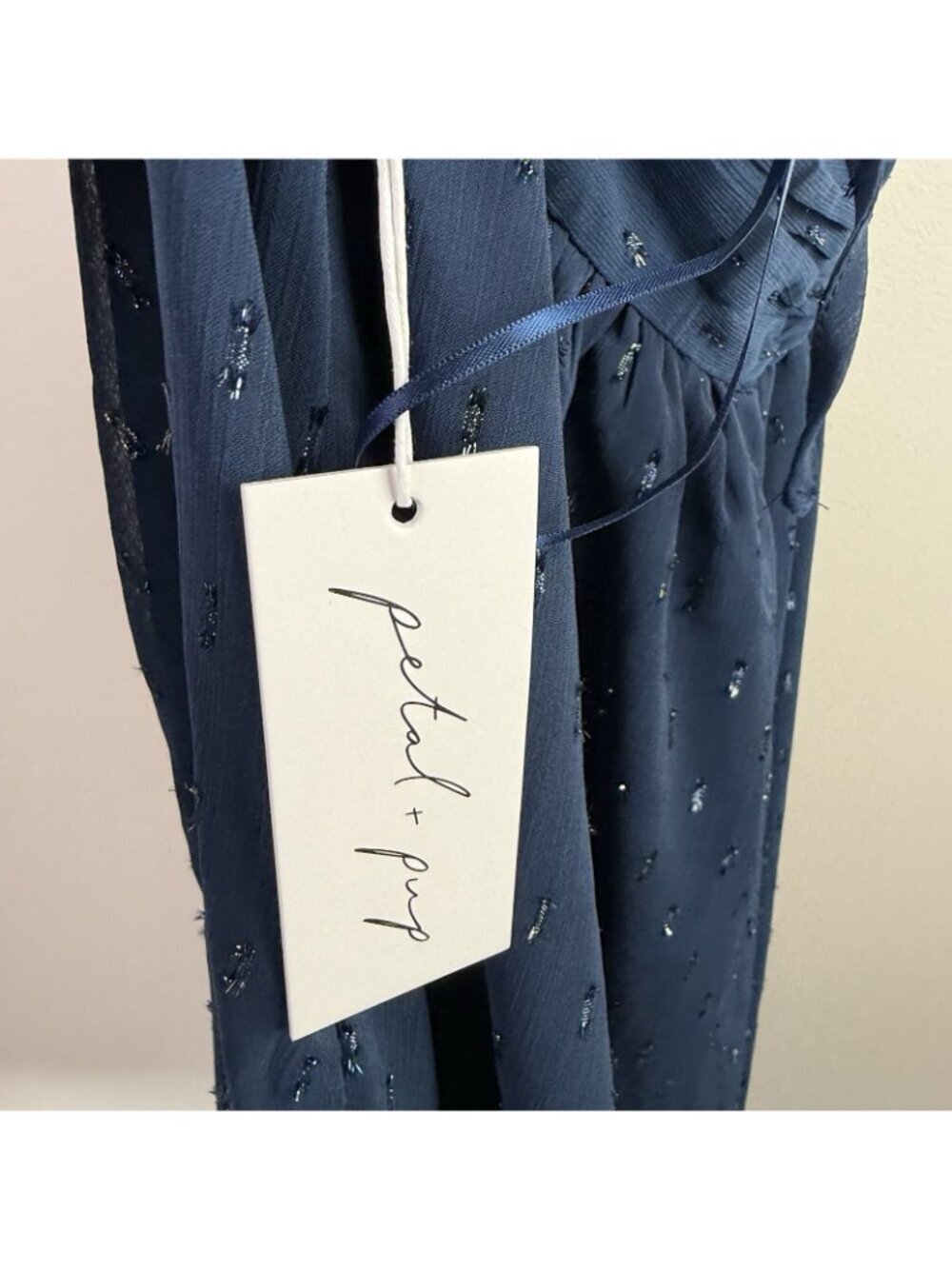 Petal + Pup Navy Glitter Ruffle Maxi Dress Deep V Lace Up Back Gala Sz L - Picture 9 of 12